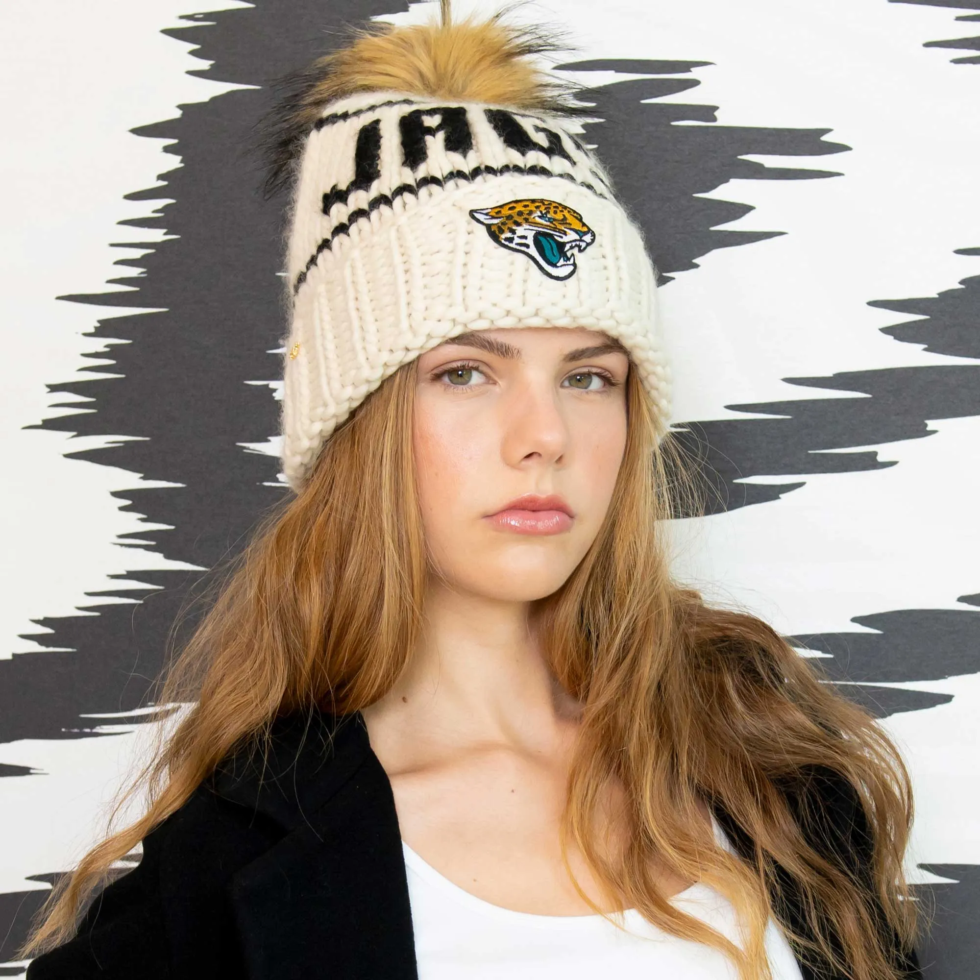 JACKSONVILLE JAGS LELE SADOUGHI X NFL WHITE BEANIE FAUX FUR POM