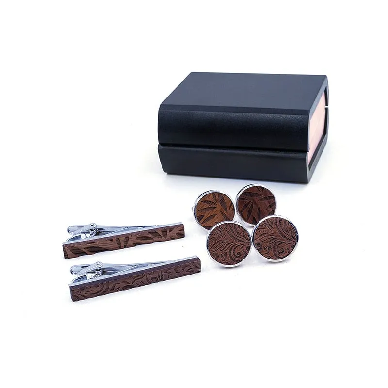 Leaf Wood Tie Bar & Cuff Links Set