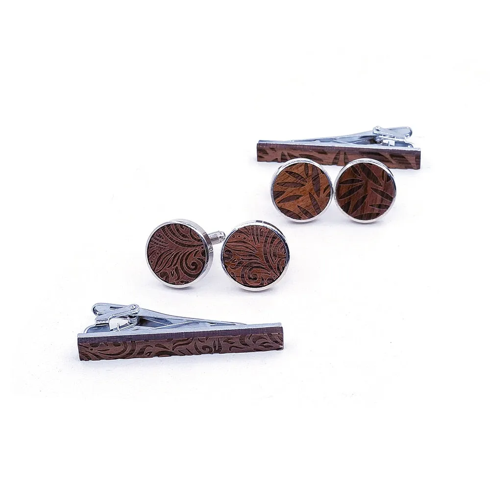 Leaf Wood Tie Bar & Cuff Links Set