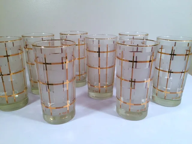 Libbey Mid-Century Golden Plaid M. Petti Signed Glasses (Set of 8 with Original Box)