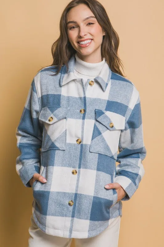 Lily Plaid Button Down Jacket with Front Pocket Detail