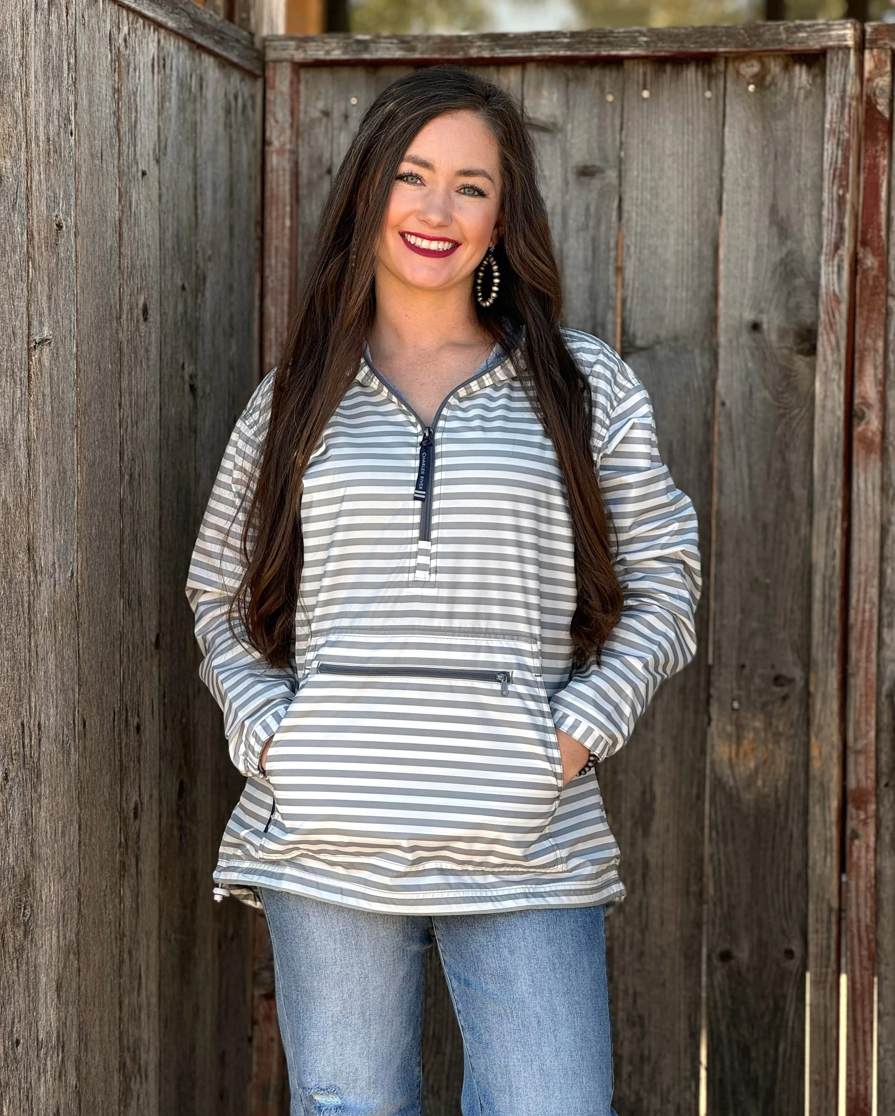 Loretta Grey & White Striped Windbreaker