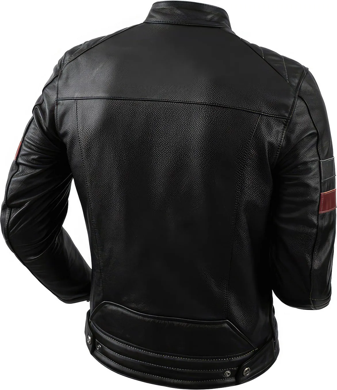 Men’s Black Biker Genuine Cowhide Stand Collar Motorcycle Retro Red Strip Racer Smooth Lightweight Leather Jacket