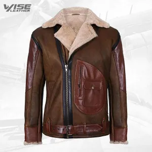 Men's Brown B3 Sheepskin Leather Aviator Biker Jacket - Crossover Edition