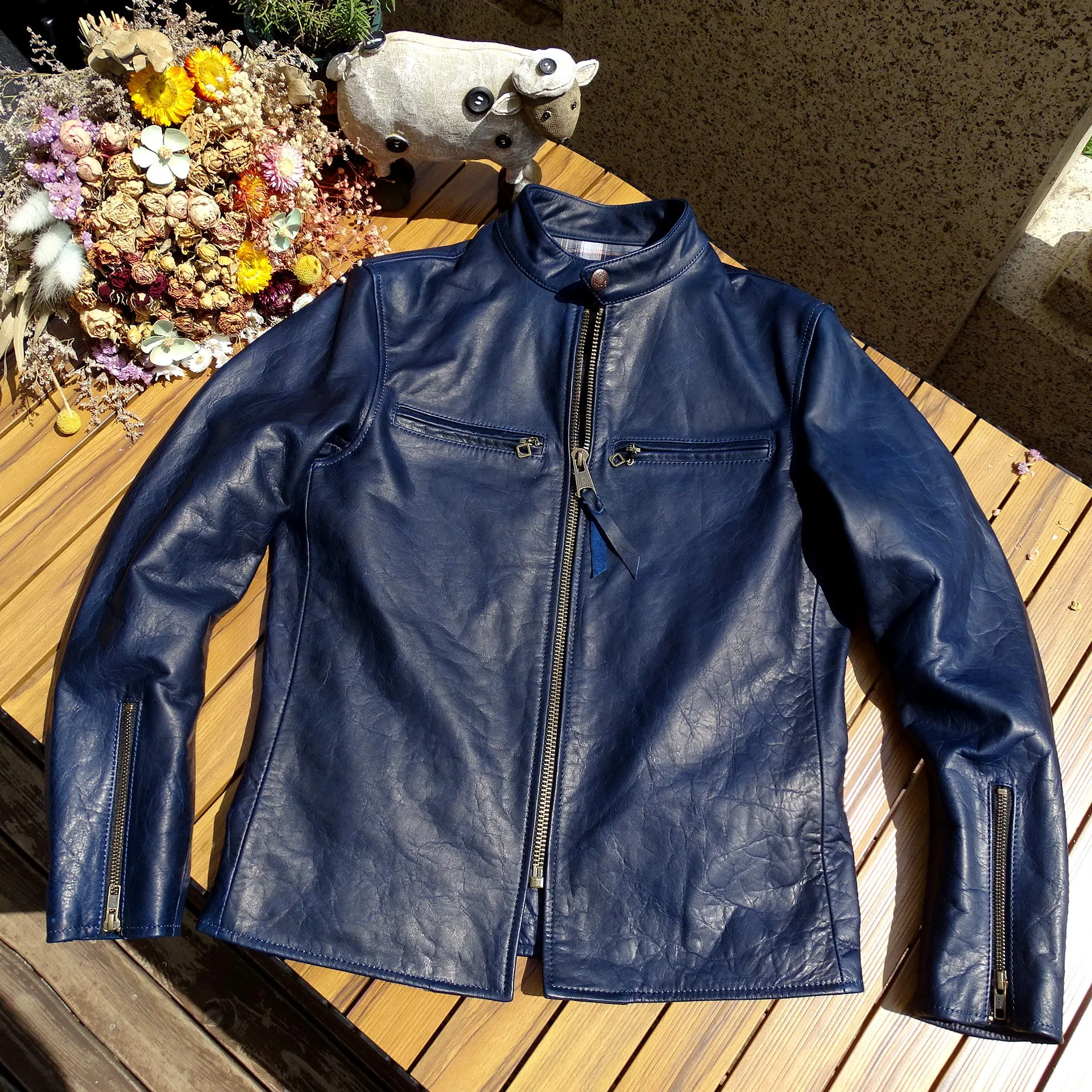 Men's J-100 Indigo Leather Biker Jacket