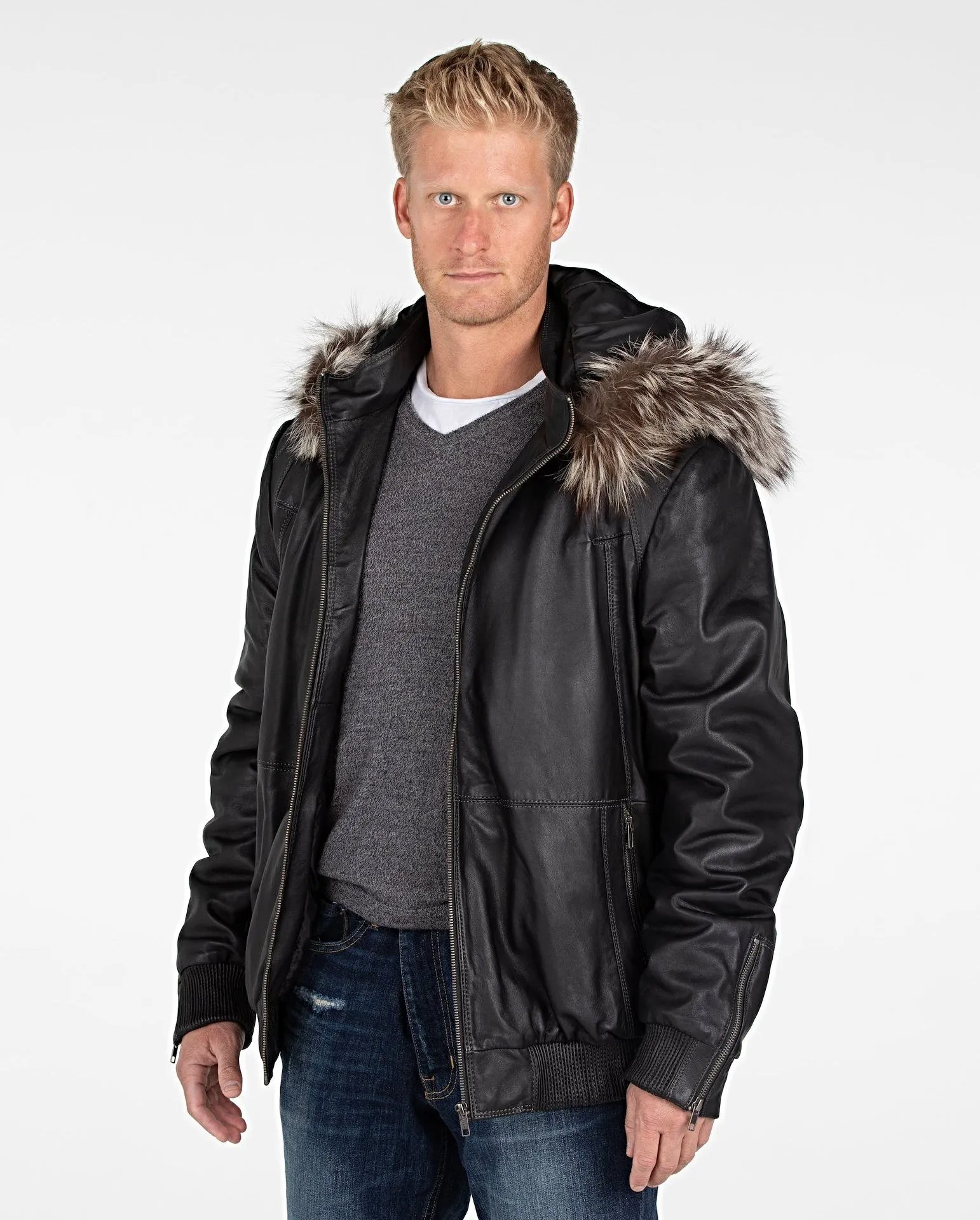 Mens Silver Fox Look Fur Hooded Leather Jacket