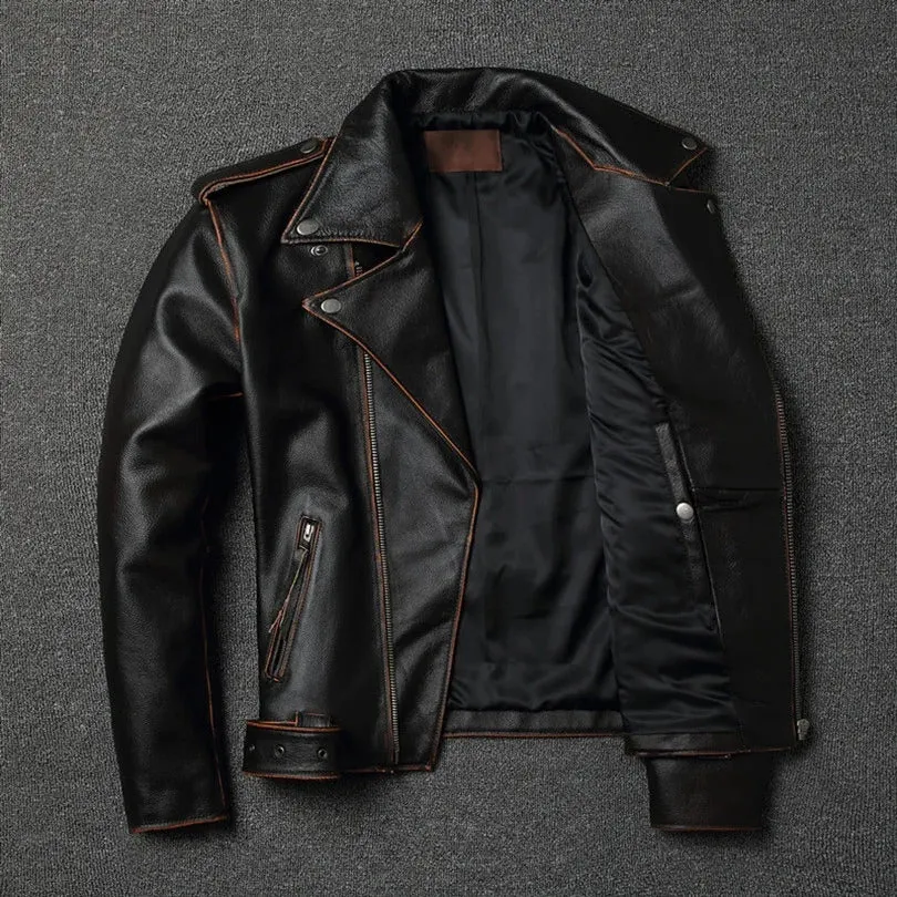 Men's Vintage Cowhide Leather Motorcycle Jacket - Classic Biker Fashion