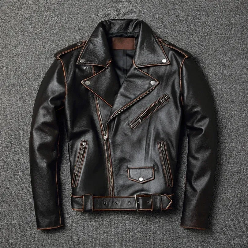 Men's Vintage Cowhide Leather Motorcycle Jacket - Classic Biker Fashion