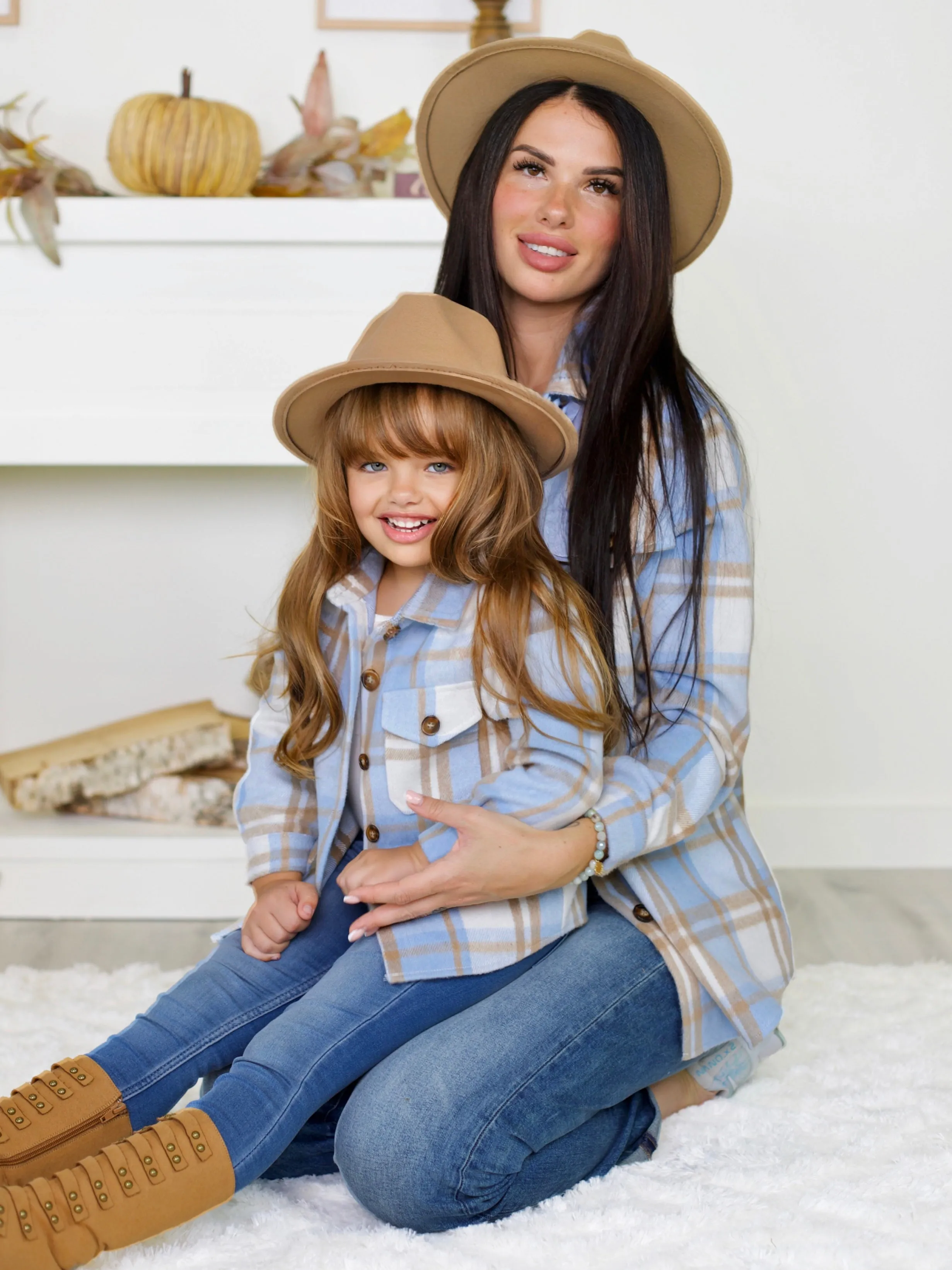 Mommy And Me Blue And Tan Plaid Flannel Shacket