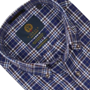 Navy/Brown/White Plaid Long Sleeve Men's Button Down Shirts