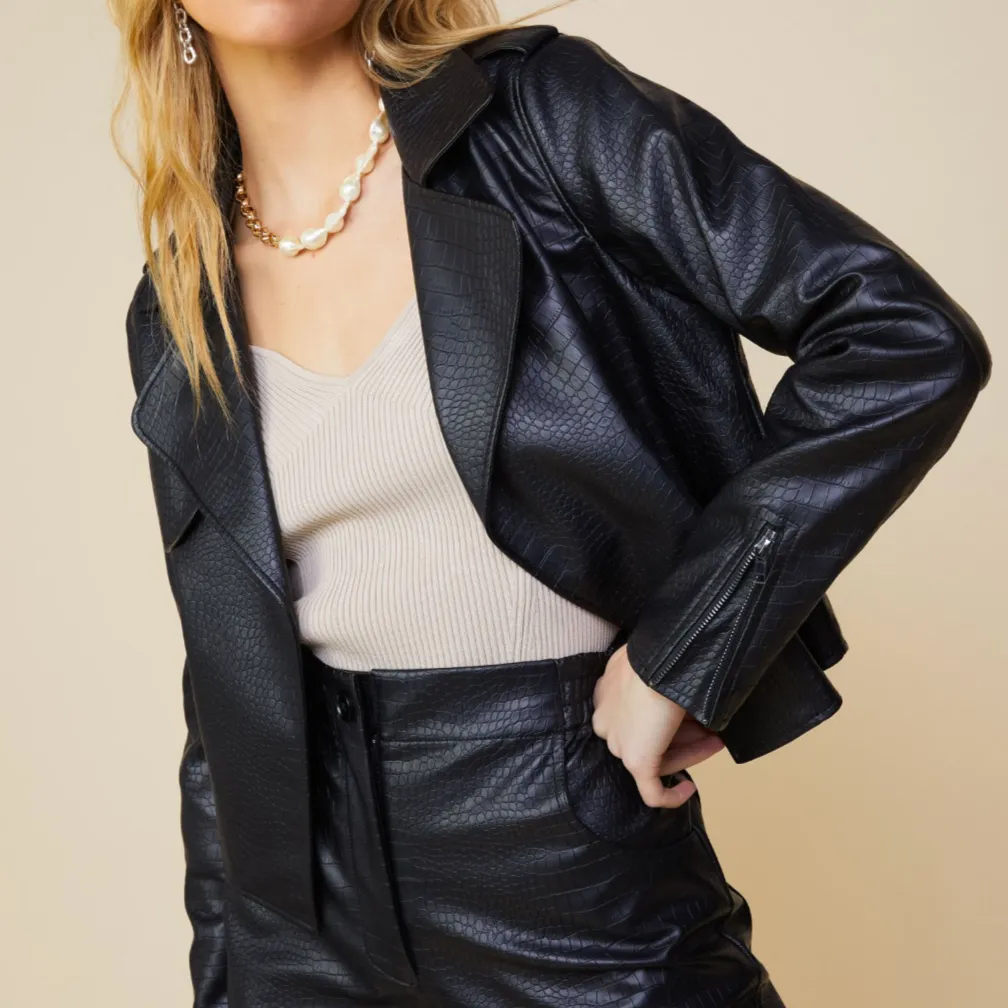 Night Life Vegan Leather Textured Biker Jacket