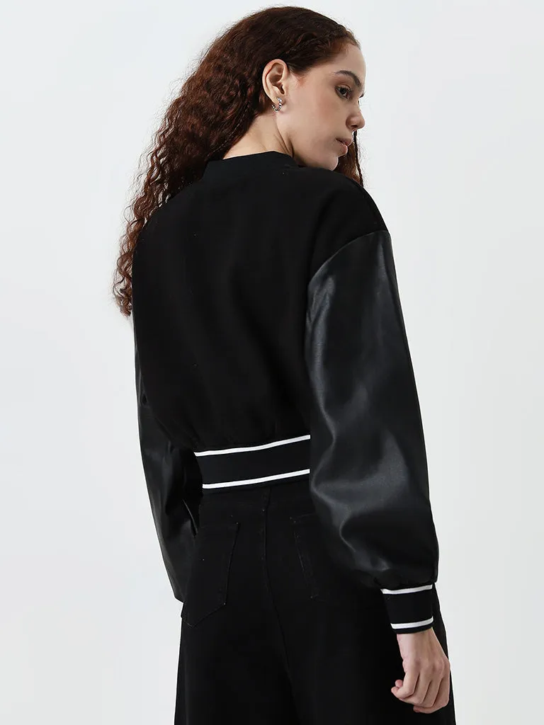 Nuon Black Faux-Leather Bomber Jacket