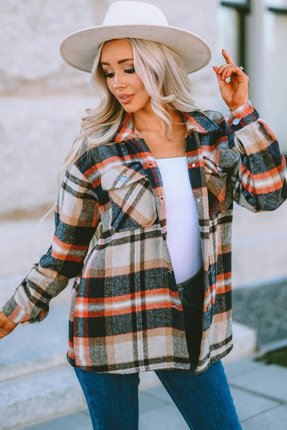 Plus Size Plaid Flap Pocket Shacket