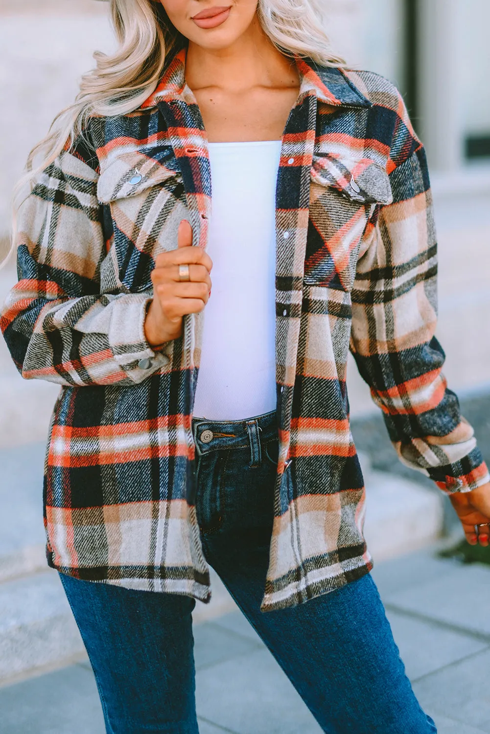 Plus Size Plaid Flap Pocket Shacket