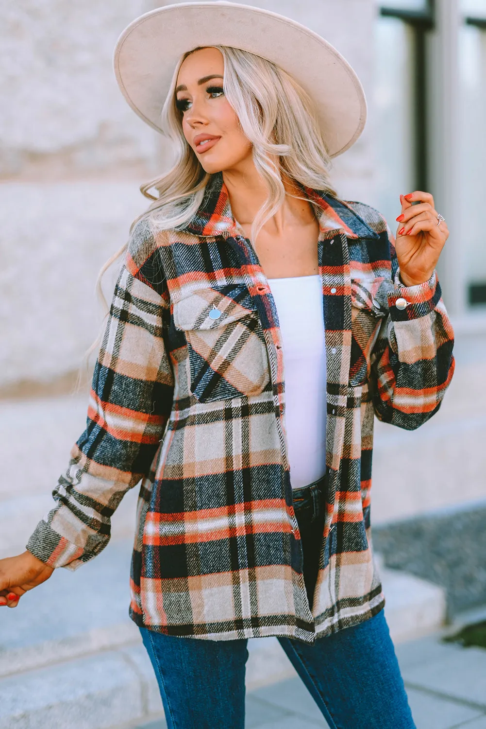 Plus Size Plaid Flap Pocket Shacket