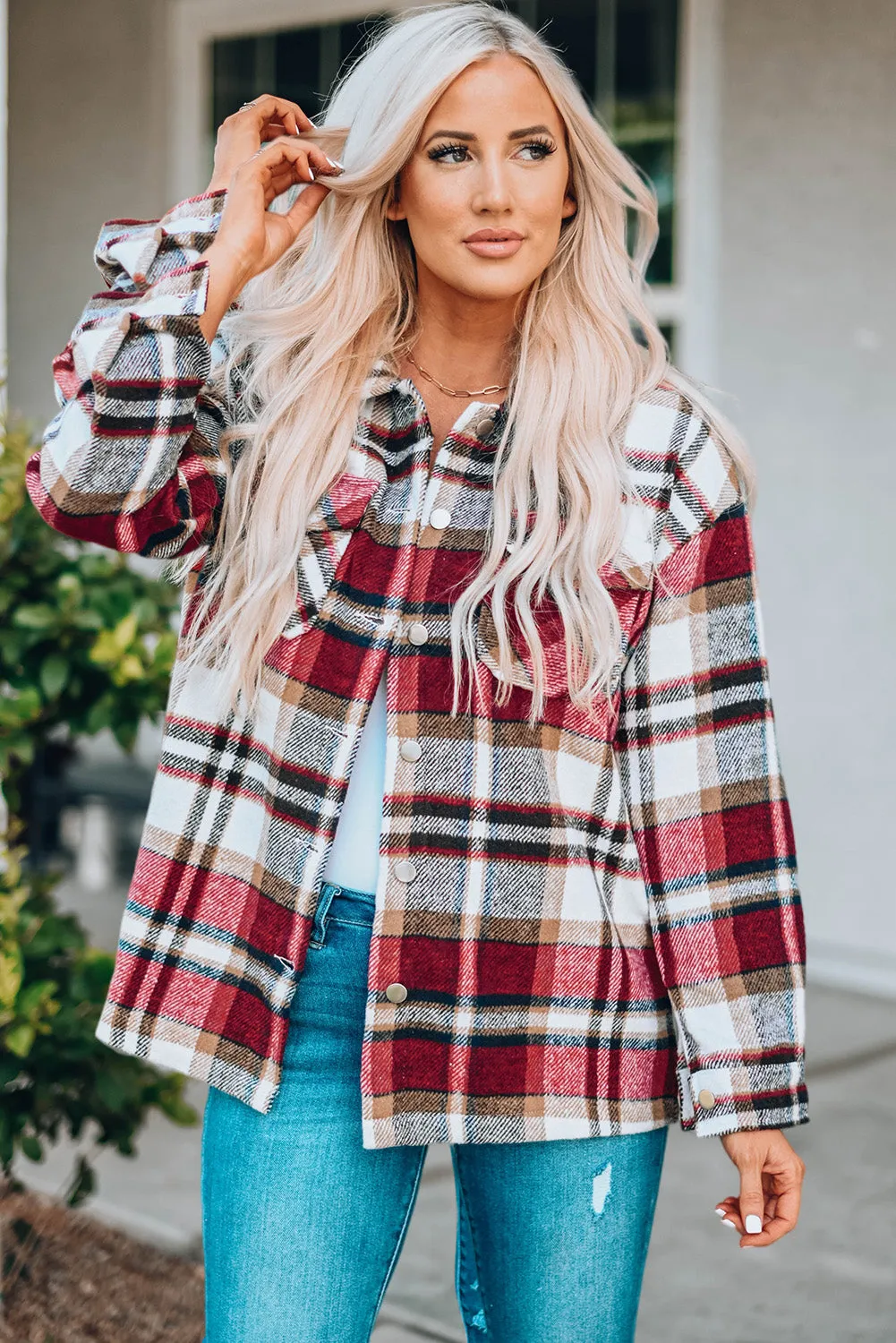 Plus Size Plaid Flap Pocket Shacket