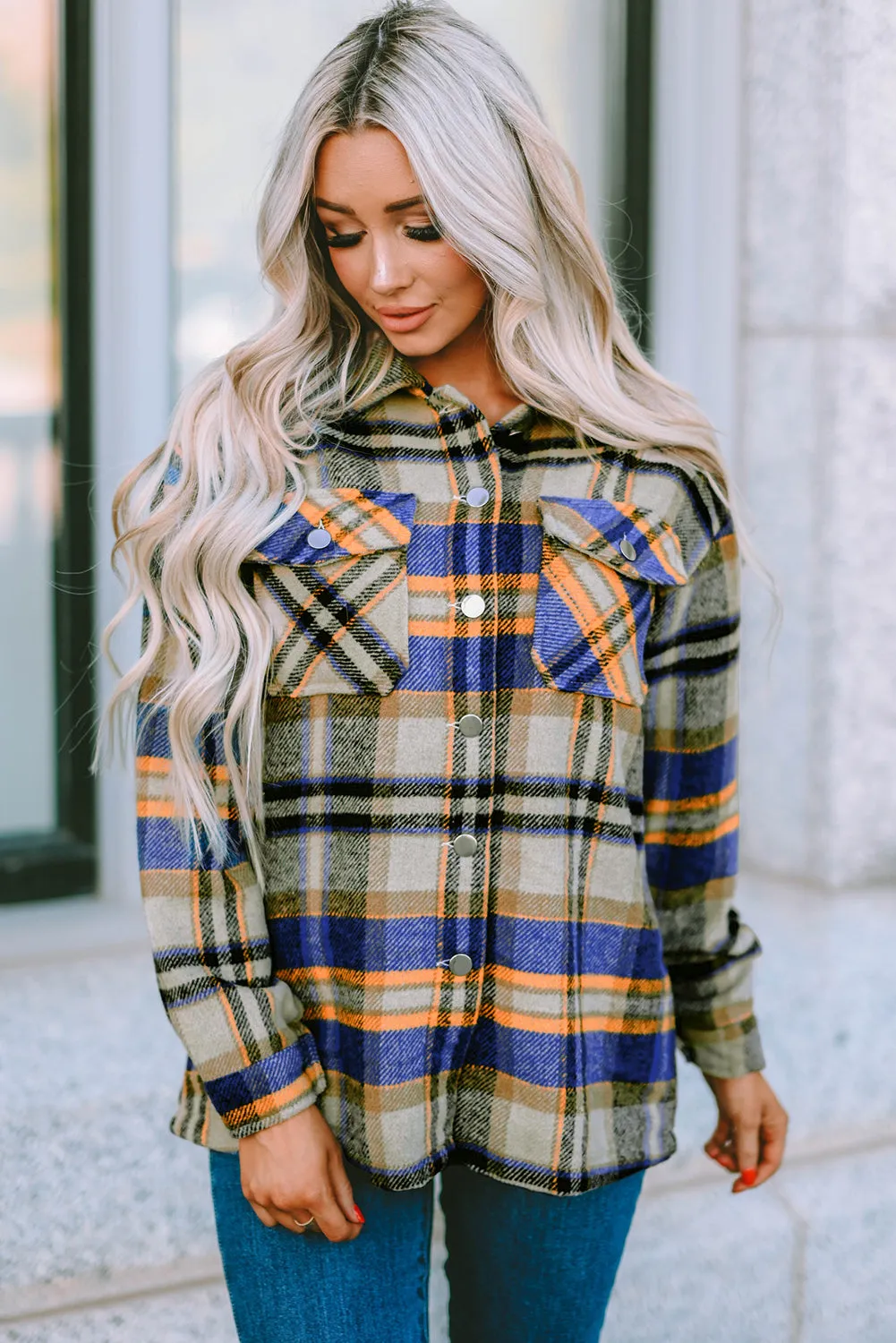 Plus Size Plaid Flap Pocket Shacket