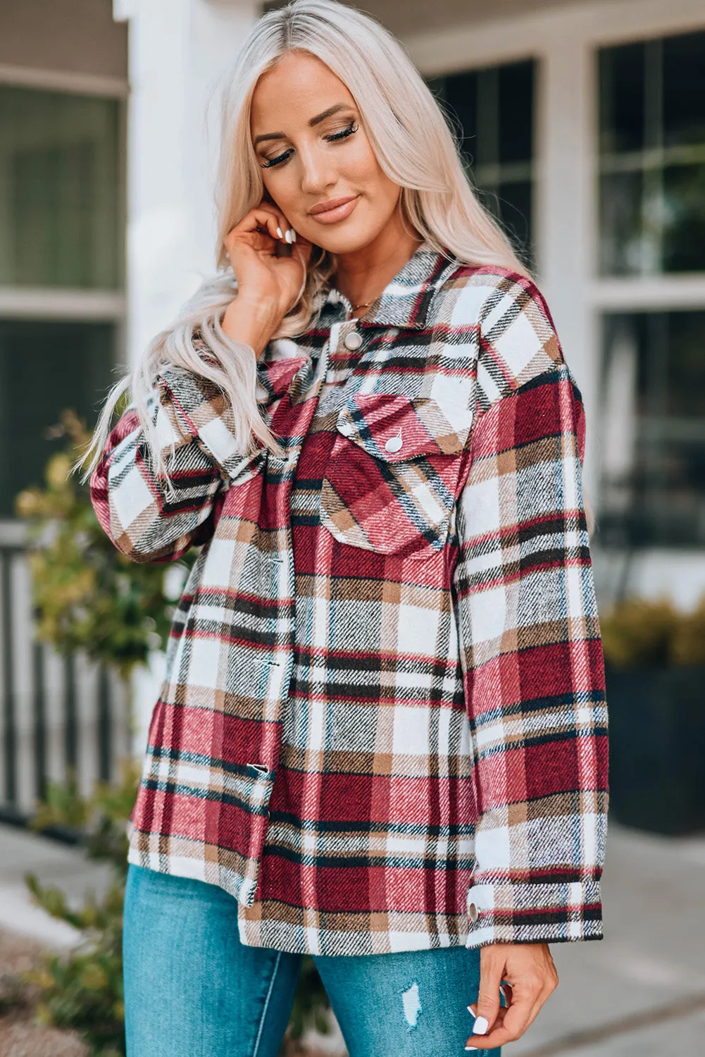 Plus Size Plaid Flap Pocket Shacket