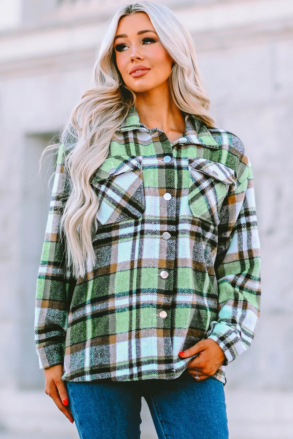 Plus Size Plaid Flap Pocket Shacket