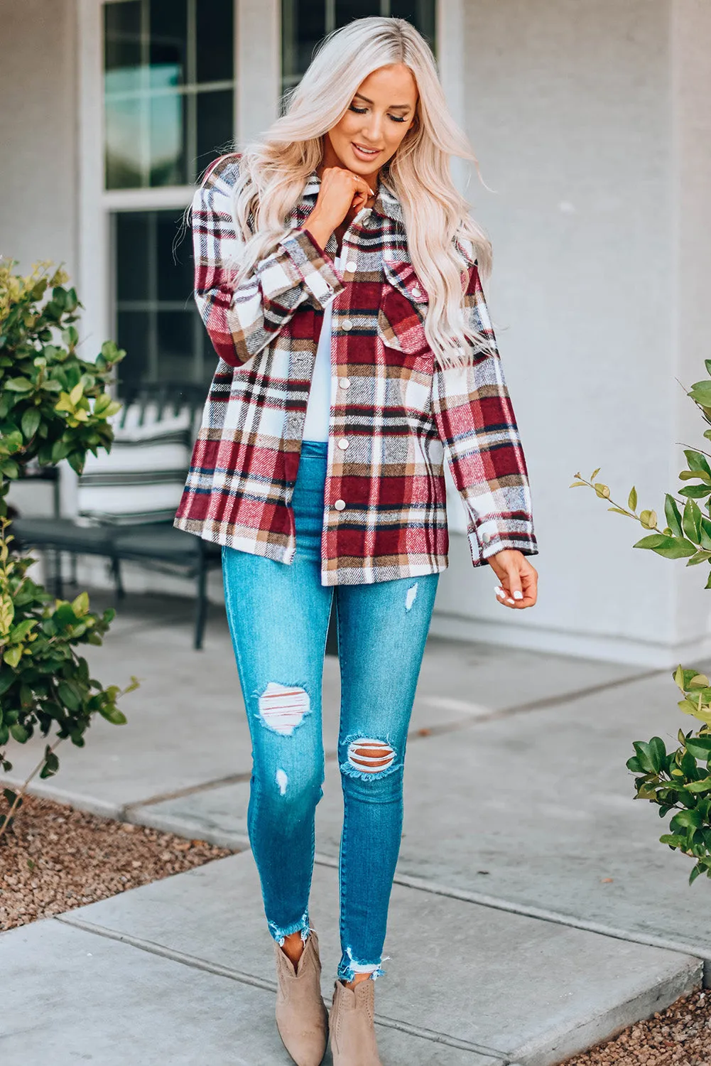 Plus Size Plaid Flap Pocket Shacket