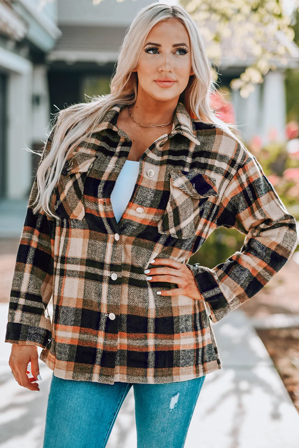 Plus Size Plaid Flap Pocket Shacket