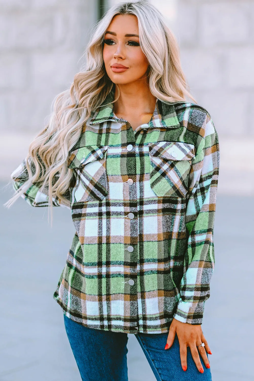 Plus Size Plaid Flap Pocket Shacket