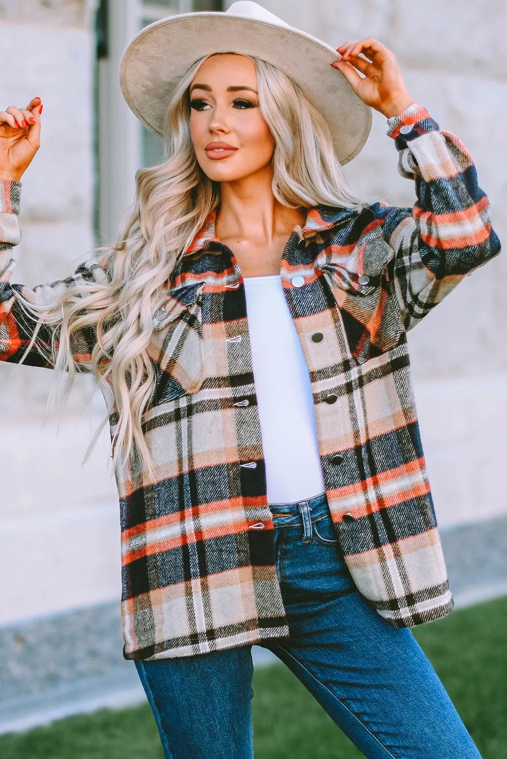 Plus Size Plaid Flap Pocket Shacket