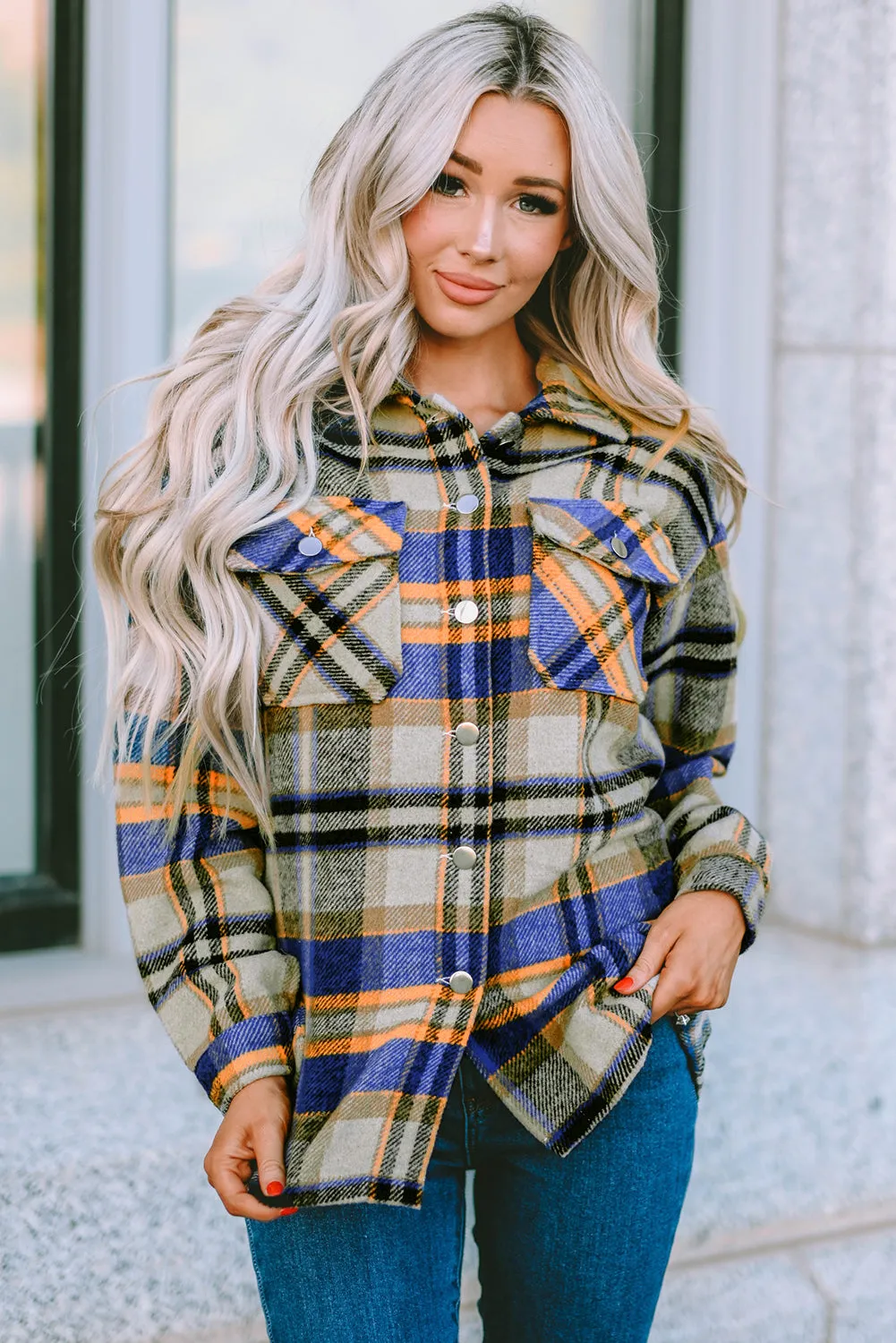 Plus Size Plaid Flap Pocket Shacket