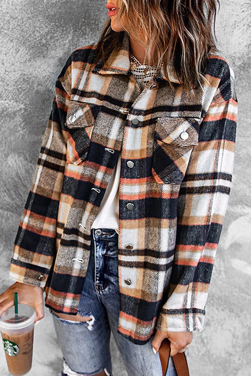 Plus Size Plaid Flap Pocket Shacket