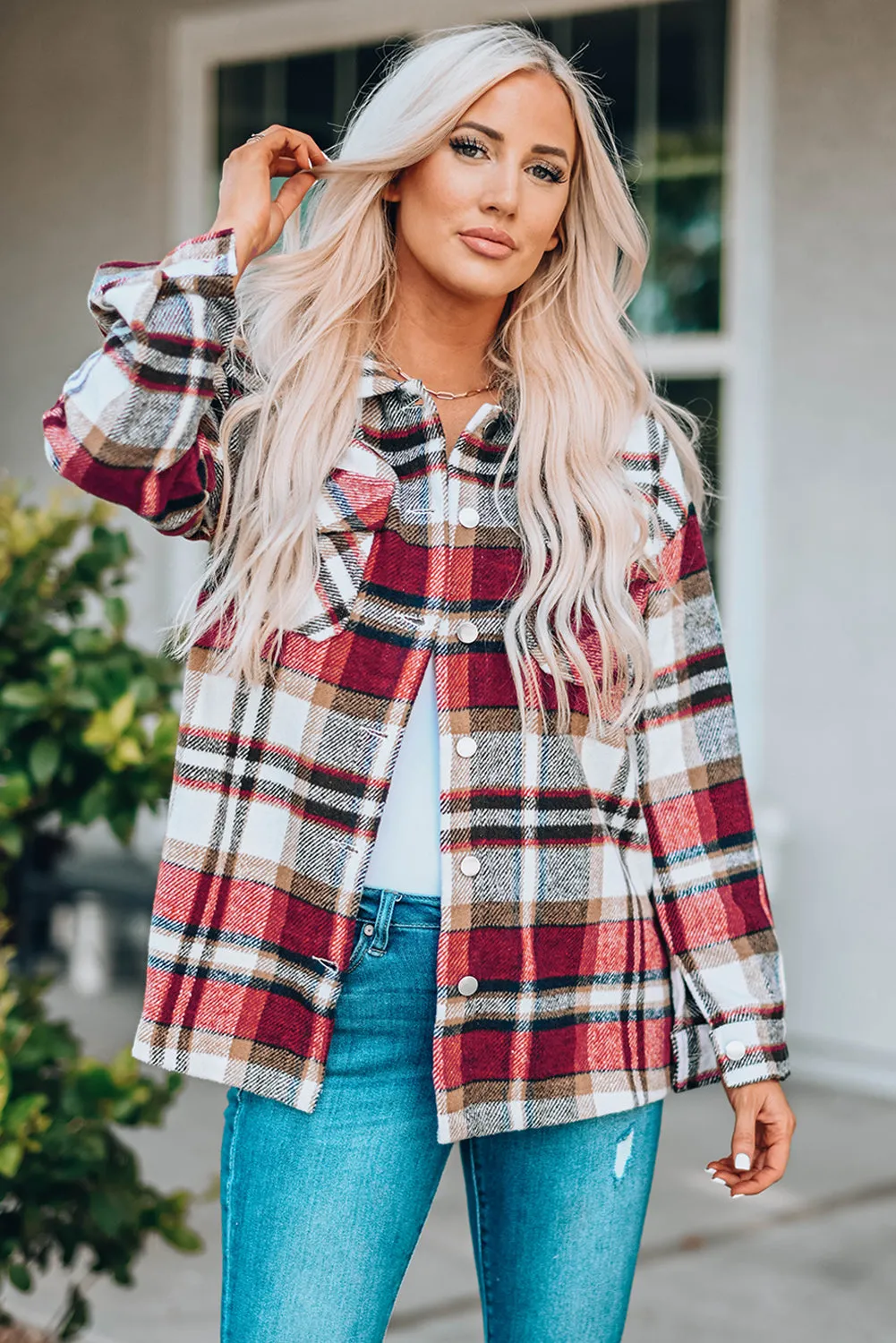 Plus Size Plaid Flap Pocket Shacket