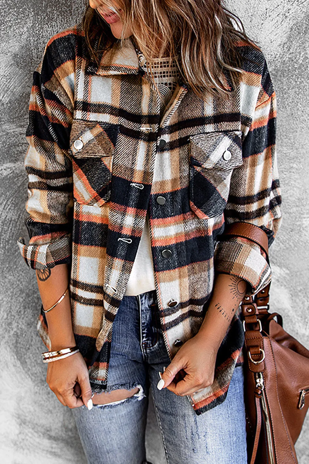 Plus Size Plaid Flap Pocket Shacket