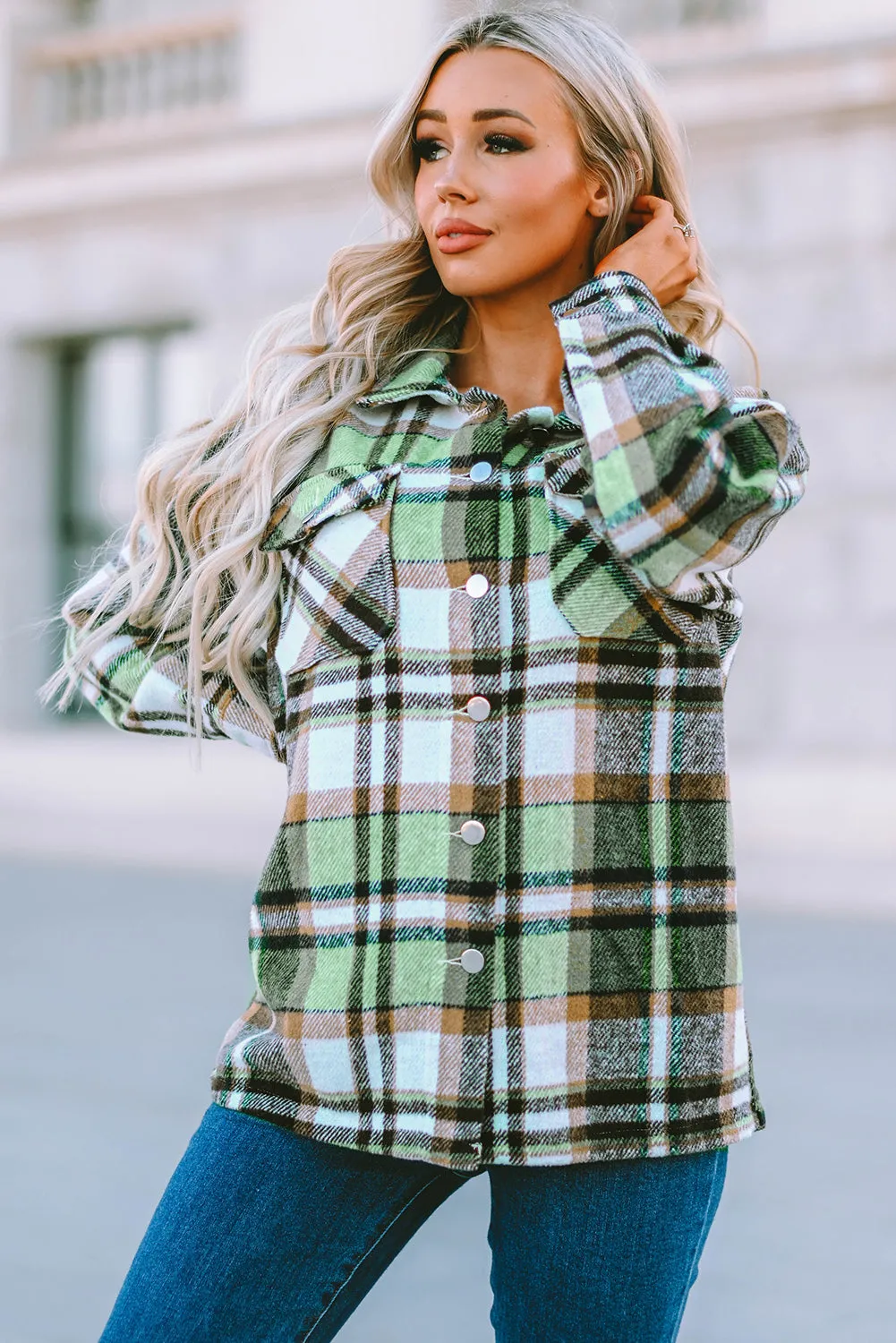 Plus Size Plaid Flap Pocket Shacket