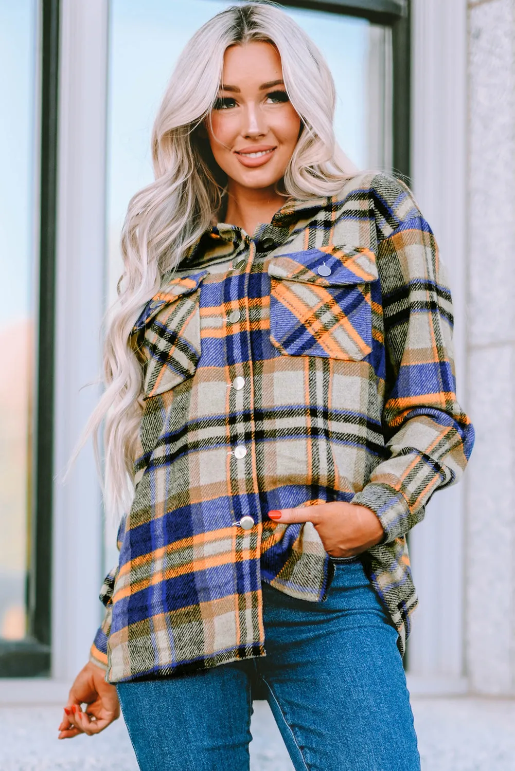 Plus Size Plaid Flap Pocket Shacket