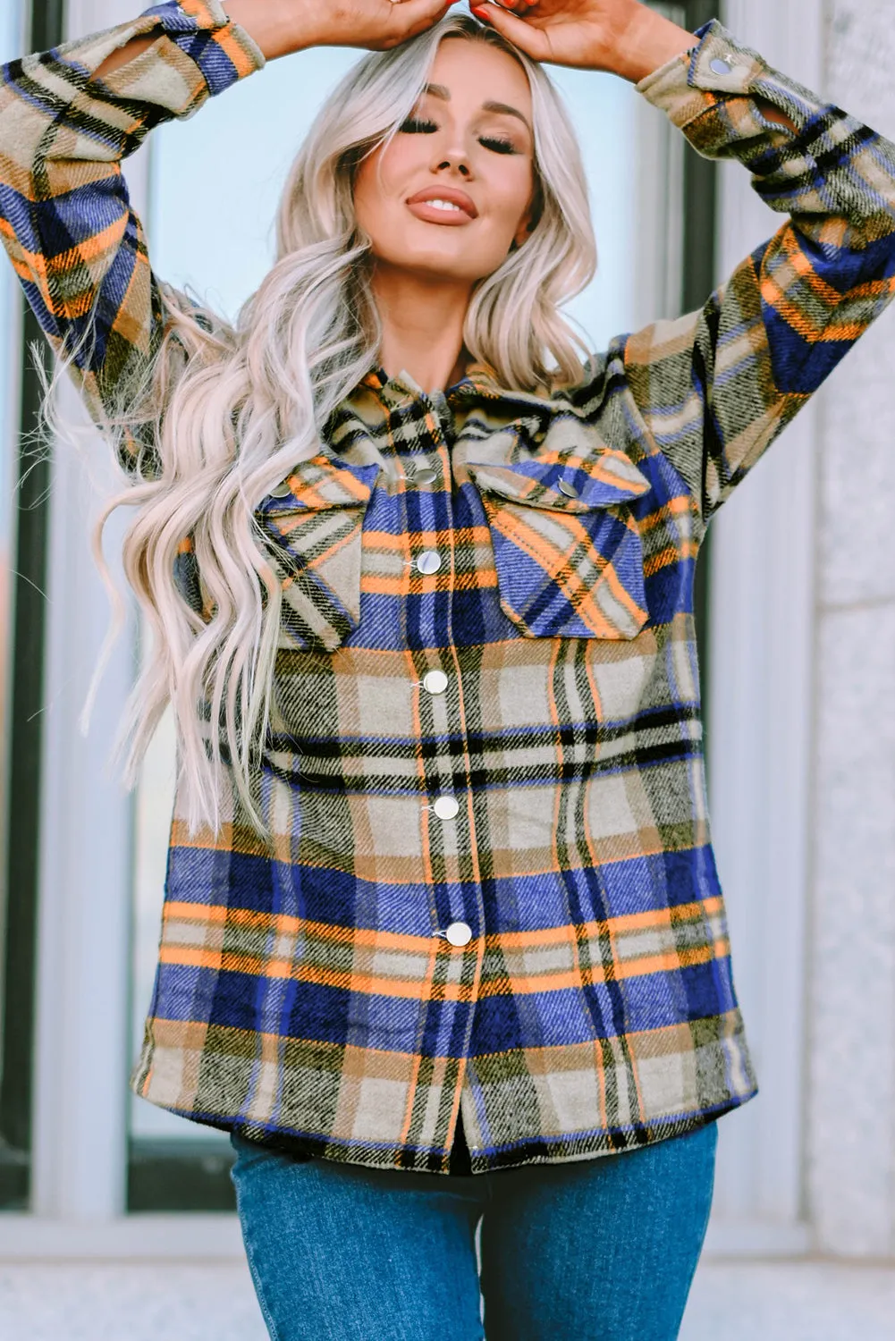 Plus Size Plaid Flap Pocket Shacket