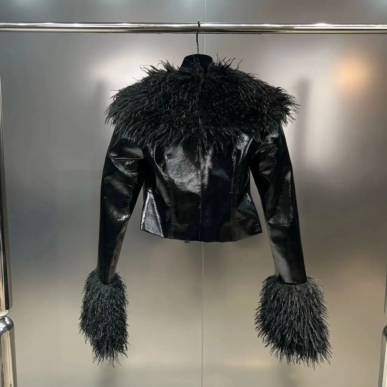 Pre Order:  Furry Vegan Leather Cropped Jacket