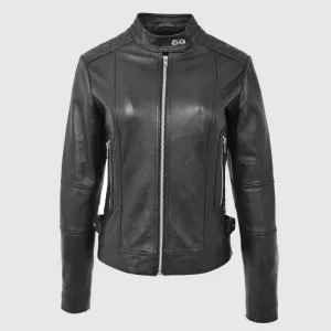 Premium Quality Womens Soft Leather Casual Zip Biker Jacket Ruby Black