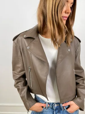 ROSE BIKER LEATHER JACKET - GREY BROWN