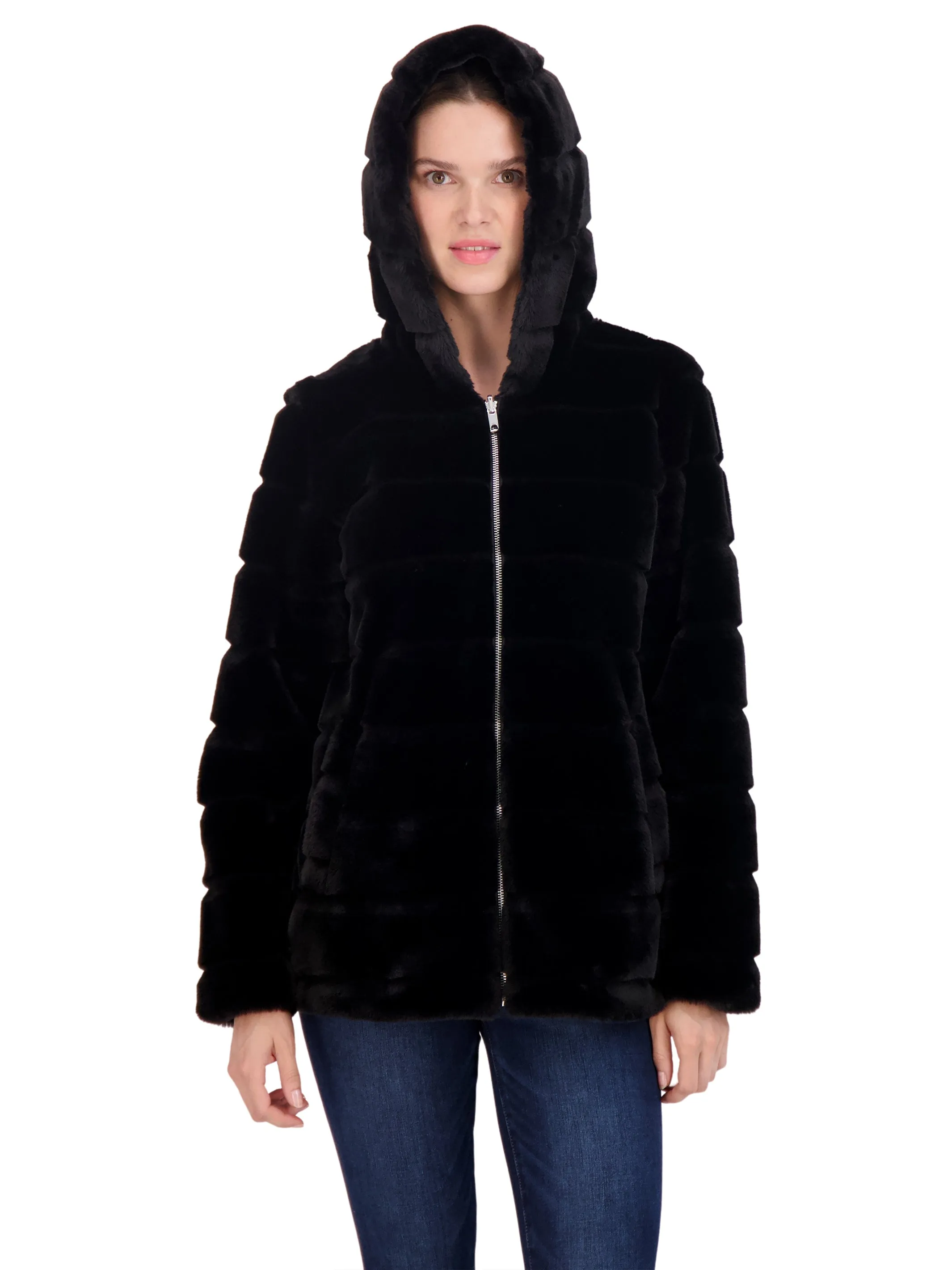 Sebby Collection Women's Hooded Grooved Faux Fur Zip Front Coat