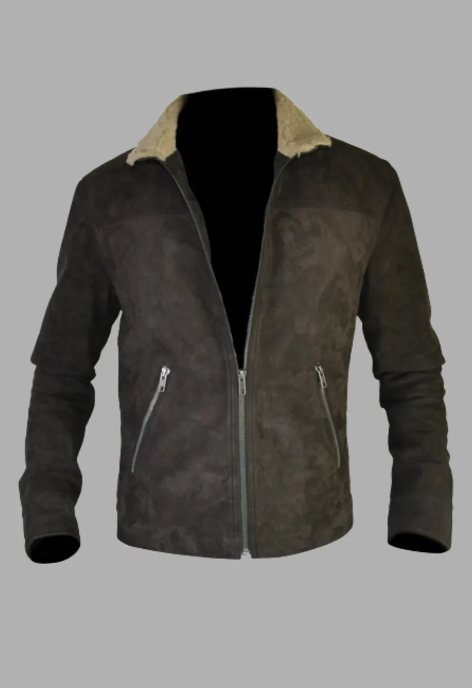 Shearling Collar Distressed Rugged Suede Leather Jacket