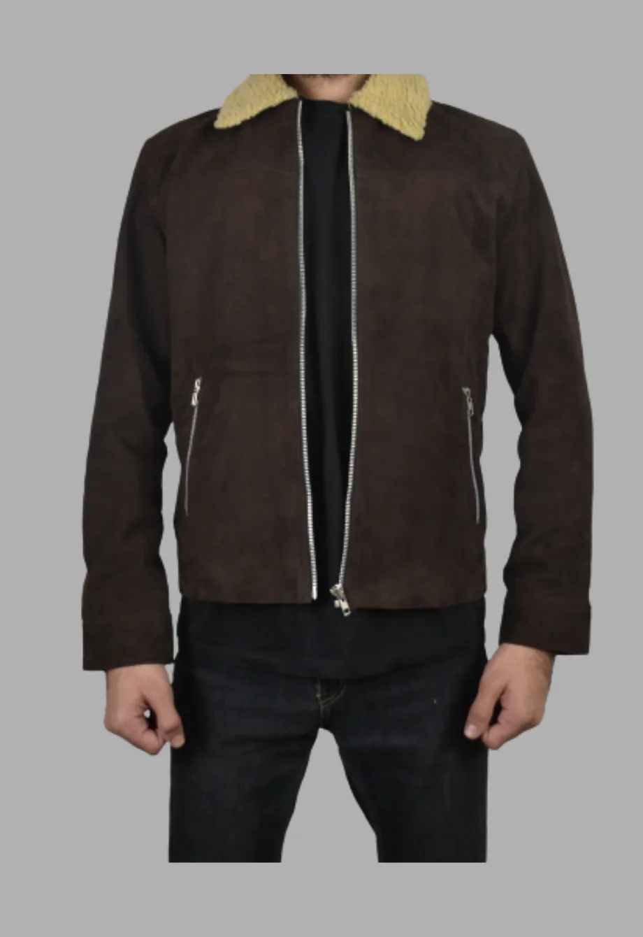 Shearling Collar Distressed Rugged Suede Leather Jacket