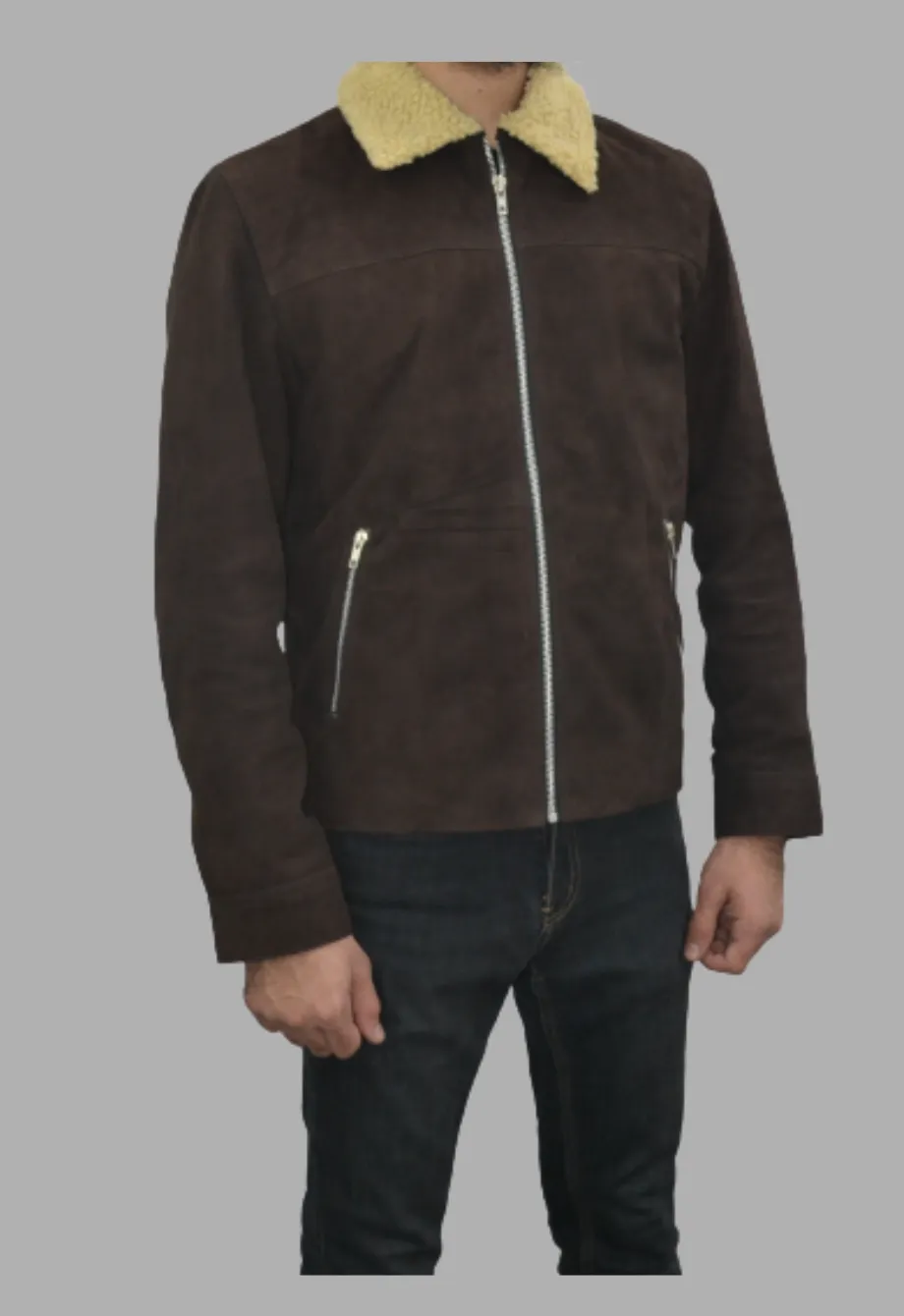 Shearling Collar Distressed Rugged Suede Leather Jacket