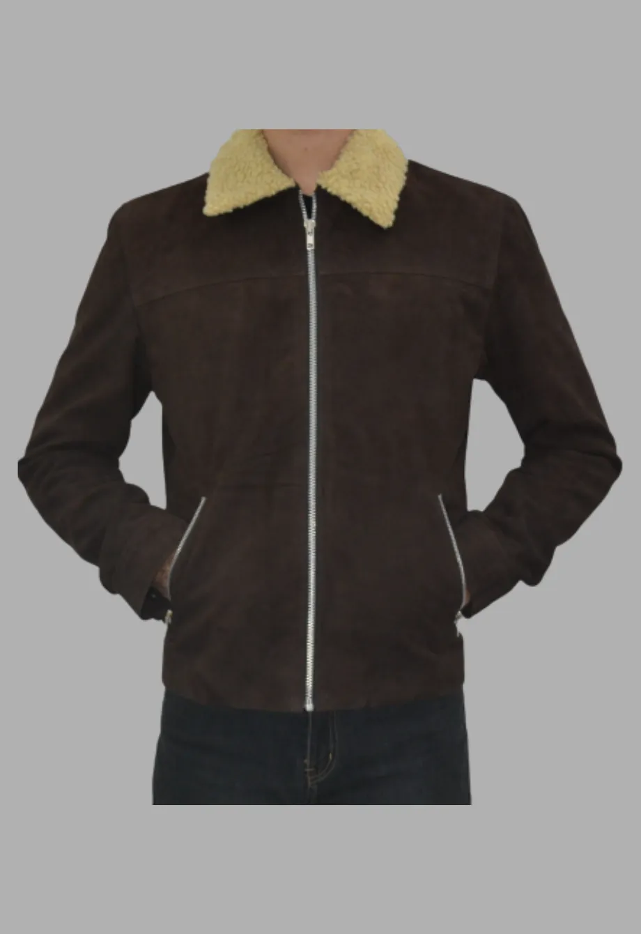 Shearling Collar Distressed Rugged Suede Leather Jacket