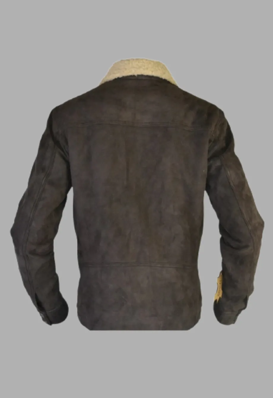 Shearling Collar Distressed Rugged Suede Leather Jacket