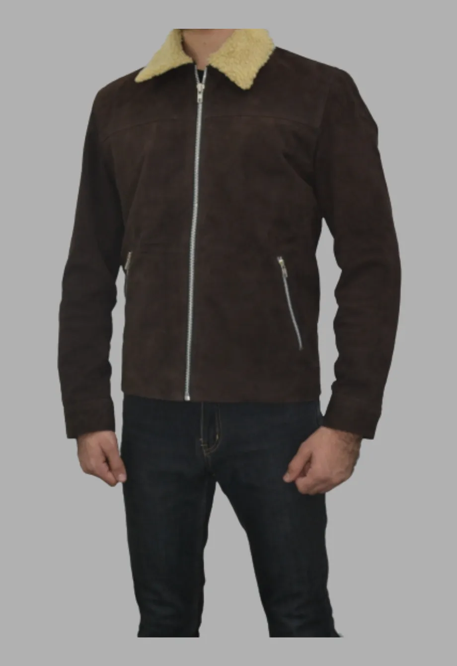 Shearling Collar Distressed Rugged Suede Leather Jacket