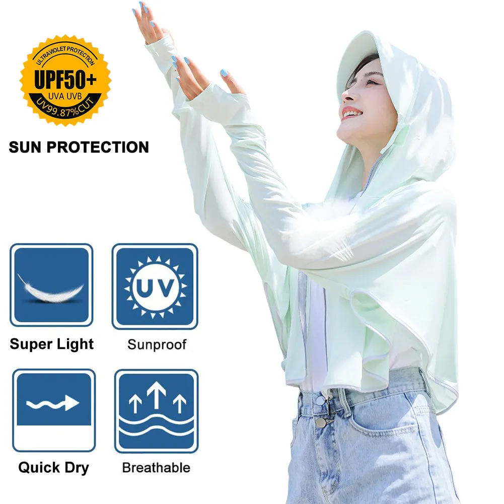 Sidiou Group Anniou Women UPF50  Anti UV Jacket Long Sleeve Thumb Holes Sunscreen Shawl Cape Coat Zipper Hooded Breathable Quick Dry Loose Windbreaker