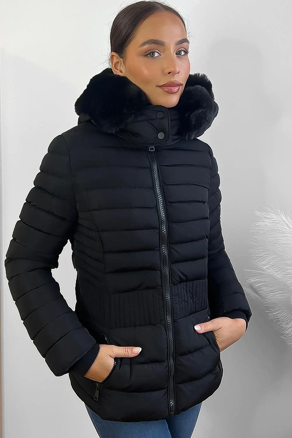 Vertical Zip Pockets Faux Fur Hooded Quilted Jacket