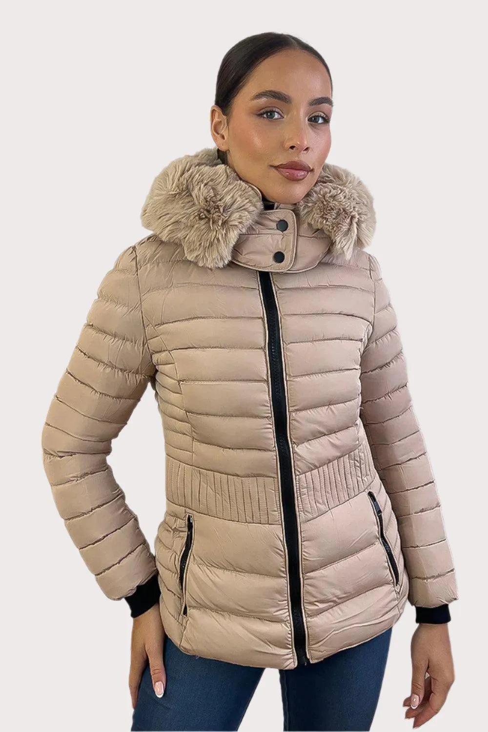 Vertical Zip Pockets Faux Fur Hooded Quilted Jacket