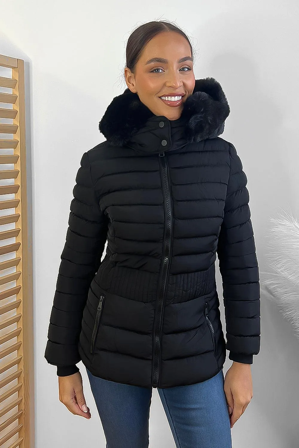 Vertical Zip Pockets Faux Fur Hooded Quilted Jacket