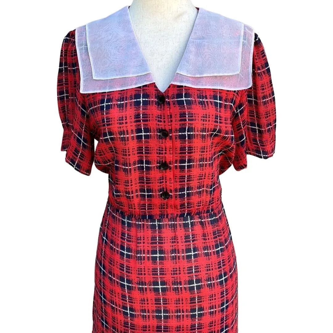 Vintage Women's 70s Red Plaid Semi Sheer White Sailor Collar Puff Sleeve Dress