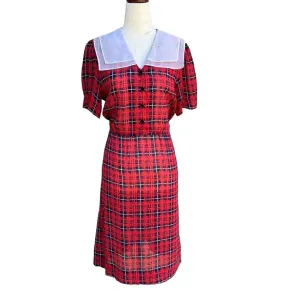 Vintage Women's 70s Red Plaid Semi Sheer White Sailor Collar Puff Sleeve Dress